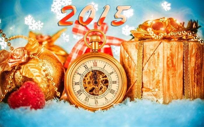 2015年新年伊始，時鐘和禮品 桌布 圖片