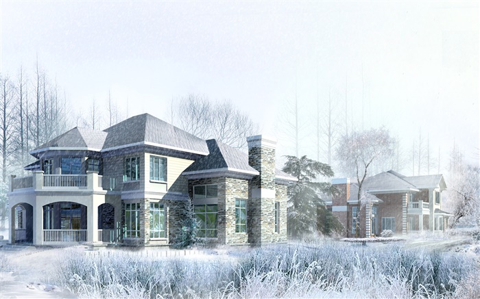3D設計，房子，冬天，雪 桌布 圖片