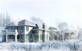 3D設計，房子，冬天，雪 高清桌布