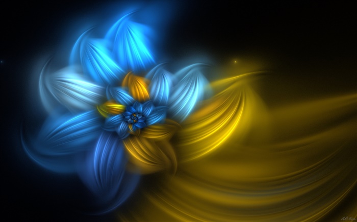 抽象設計花卉，藍色，黃色 桌布 圖片