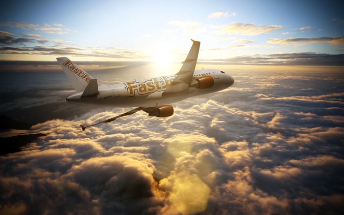 空中客車A300飛機，天空，雲，太陽光線 桌布 圖片