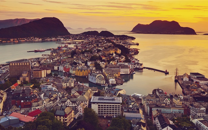 奧勒松，挪威，城市，房屋，夕陽，海岸 桌布 圖片