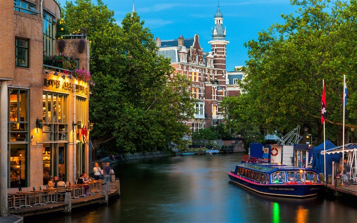 阿姆斯特丹，荷蘭，城市，房屋，河流 桌布 圖片