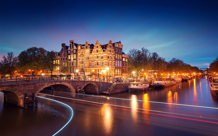 阿姆斯特丹，荷蘭，晚上，房子，橋，河，燈，船 桌布 圖片