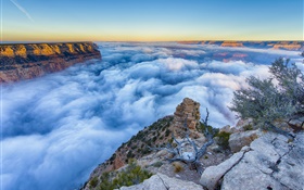 美國亞利桑那州大峽谷，清晨，日出，霧，雲