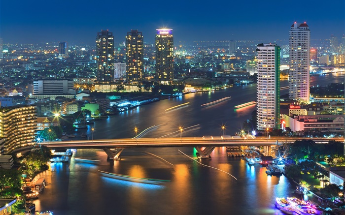 泰國曼谷，建築物，河，橋，晚上，燈 桌布 圖片