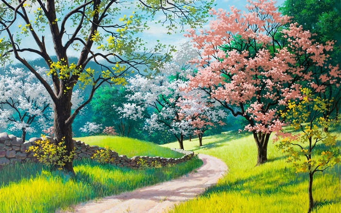 美麗的畫，春天，路，樹，草，花 桌布 圖片