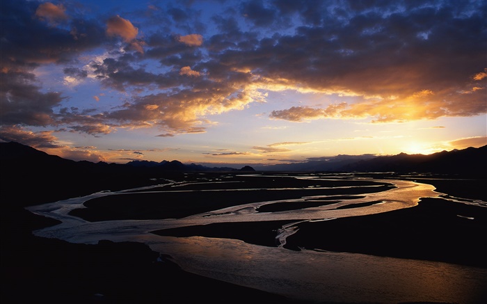 河流，黃昏，夕陽，中國的彎 桌布 圖片