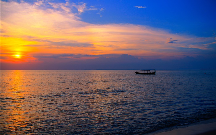 柬埔寨，亞洲，沙灘，大海，船，日落 桌布 圖片