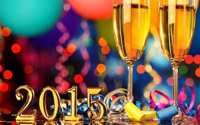 慶祝2015年的新年，香檳酒杯 桌布 圖片