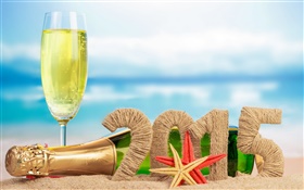 香檳，海星，沙，2015年新年 高清桌布