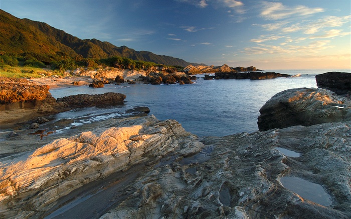 海岸，岩石，海，黃昏 桌布 圖片