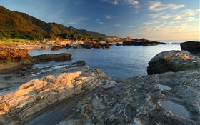海岸，岩石，海，黃昏 高清桌布