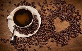 一杯咖啡，咖啡豆，愛心臟形 高清桌布