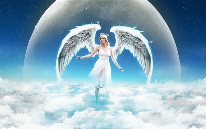 幻想天使女孩在天空，雲 桌布 圖片