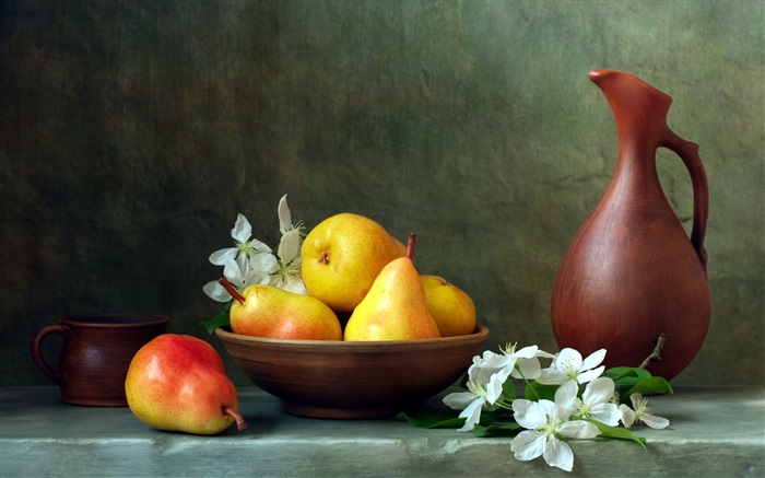 鮮花，梨，瓶 桌布 圖片