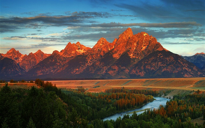 山，林，河，秋，美國，懷俄明州 桌布 圖片