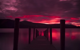 碼頭，日落，湖，紅色的天空