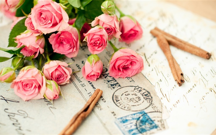 粉紅色的玫瑰鮮花，信件 桌布 圖片