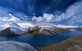 河，山，蔚藍的天空，中國 高清桌布