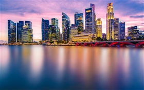 新加坡，城市夜晚，燈光，高樓林立，海灣 高清桌布