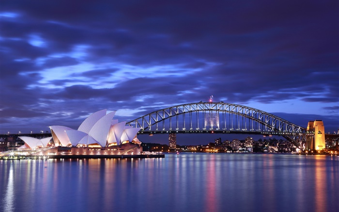 悉尼歌劇院，澳大利亞，晚上，橋，燈，海，藍色 桌布 圖片