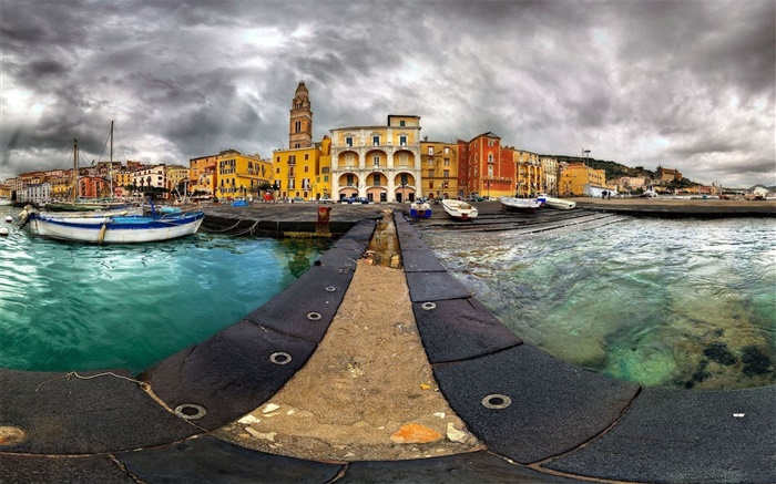 威尼斯，碼頭，船，房子，雲 桌布 圖片