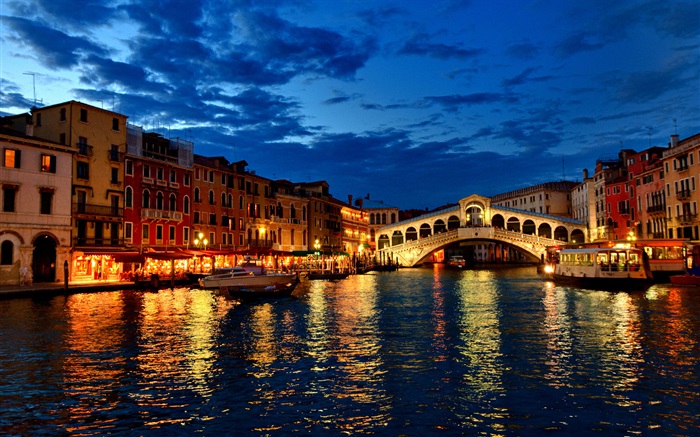 威尼斯，晚上，河流，房屋，燈，橋 桌布 圖片