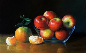 水彩畫，蘋果和桔子