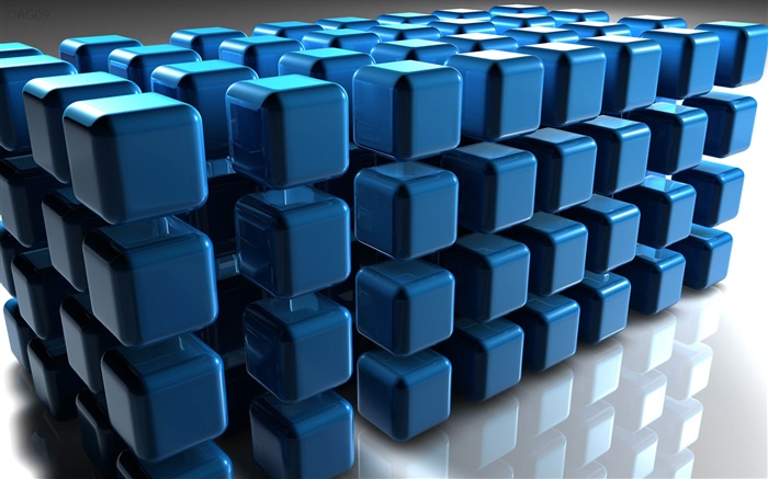 3D藍色立方體，地面反射 桌布 圖片