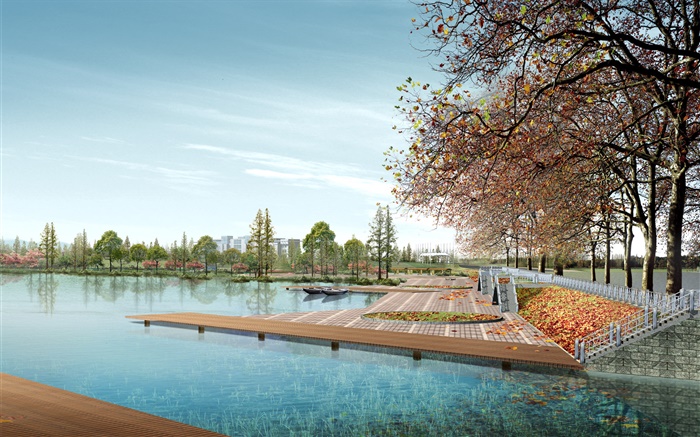 3D設計，城市公園，樹木，湖泊 桌布 圖片