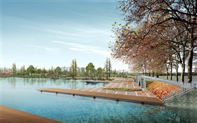 3D設計，城市公園，樹木，湖泊 高清桌布