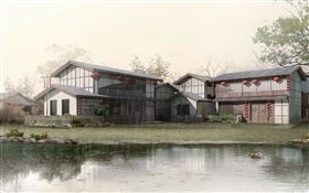 3D設計，雨，池塘，房子
