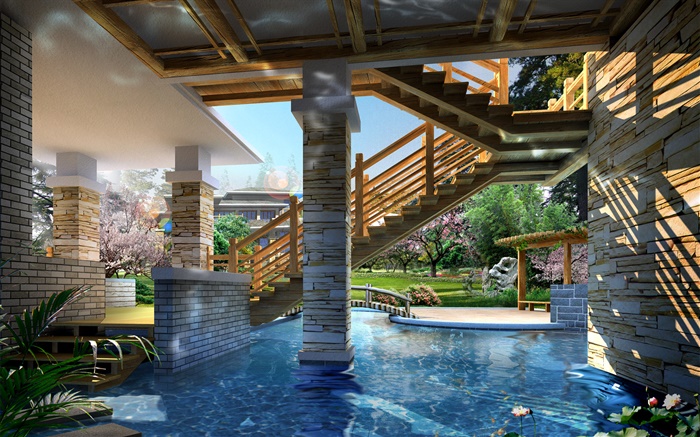 3D設計，展現細節的別墅，游泳池 桌布 圖片