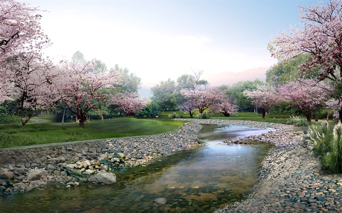 3D設計，春天的公園，百花盛開，小溪 桌布 圖片