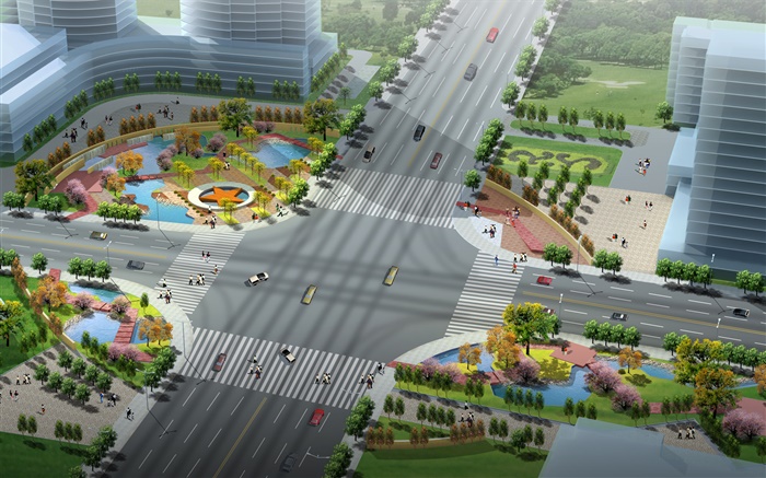 3D設計，城市道路和綠化的佈局 桌布 圖片