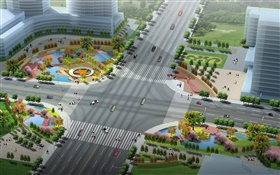 3D設計，城市道路和綠化的佈局 高清桌布