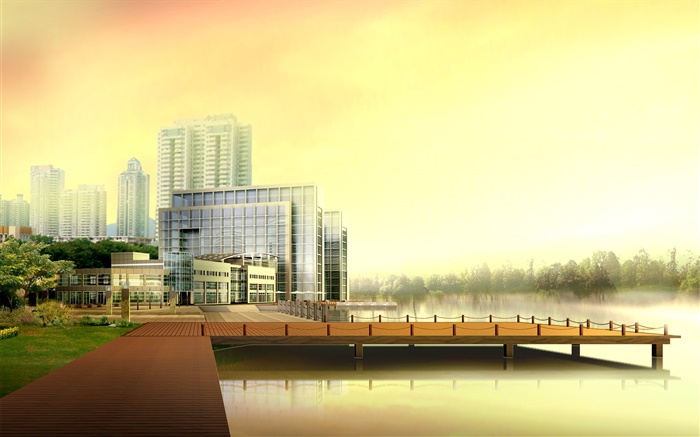 3D設計，城市高層建築，河道，碼頭 桌布 圖片