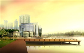 3D設計，城市高層建築，河道，碼頭 高清桌布