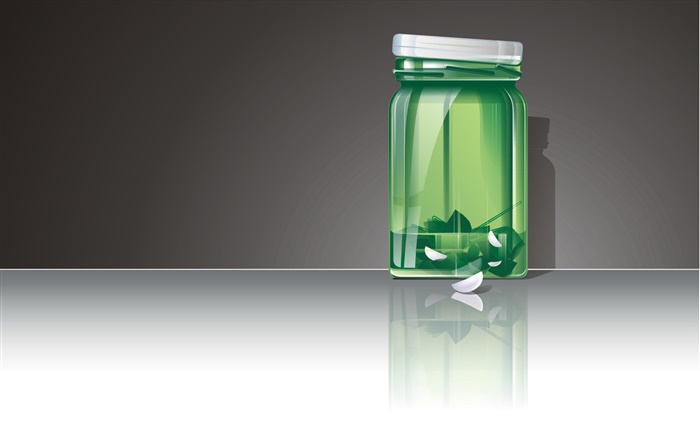 3D綠色玻璃瓶 桌布 圖片