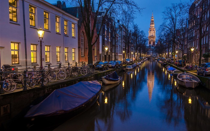 阿姆斯特丹，荷蘭，晚上，房子，河，船，燈 桌布 圖片
