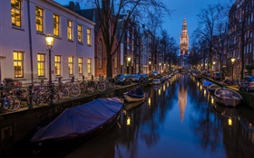 阿姆斯特丹，荷蘭，晚上，房子，河，船，燈