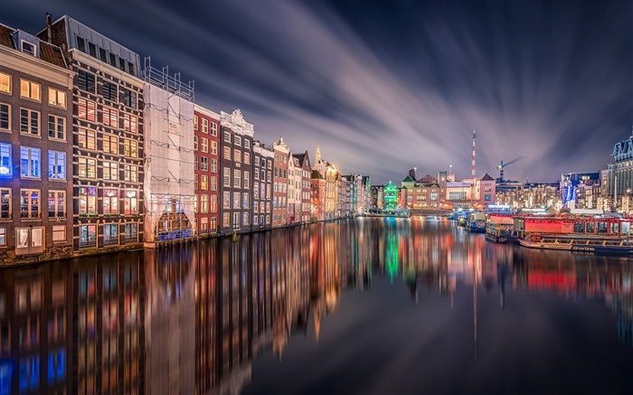 阿姆斯特丹，晚上，燈，房子，河，反射 桌布 圖片
