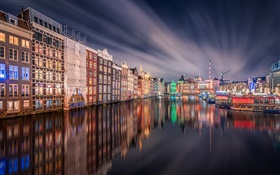 阿姆斯特丹，晚上，燈，房子，河，反射 高清桌布