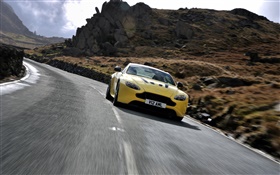 阿斯頓·馬丁V12 Vantage的黃色跑車前視圖，速度 高清桌布