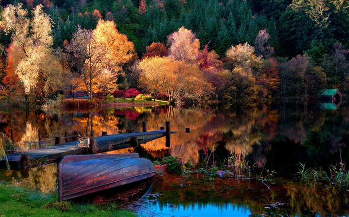 秋天，樹木，碼頭，船，湖泊，水中的倒影 桌布 圖片