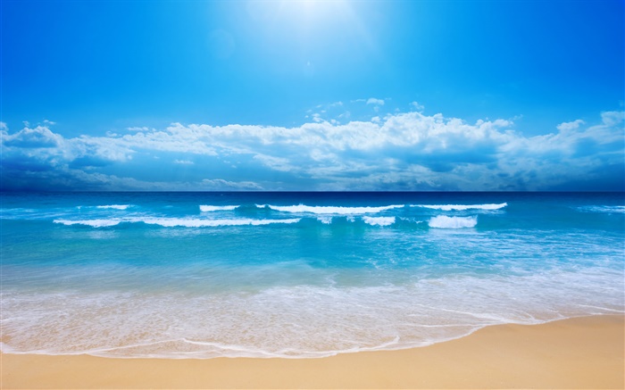 美麗的沙灘，大海，海浪，藍色，天空，雲 桌布 圖片