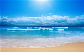 美麗的沙灘，大海，海浪，藍色，天空，雲 高清桌布