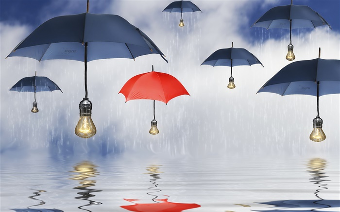 藍色和紅色的雨傘，雨，水中的倒影，創意圖片 桌布 圖片