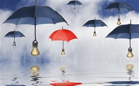 藍色和紅色的雨傘，雨，水中的倒影，創意圖片